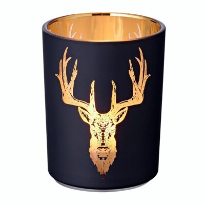 Lanterne Lio (hauteur 13 cm, ø 10 cm), extérieur noir mat/intérieur doré avec motif cerf