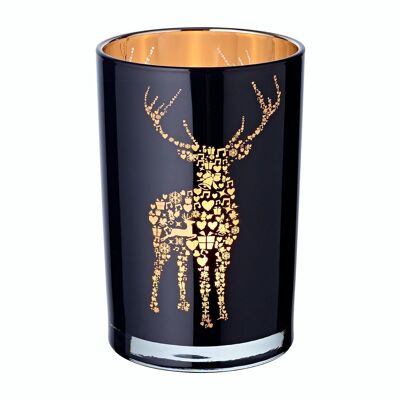 Lantern Fancy (height 18 cm, ø 12 cm), black on the outside/gold on the inside with a deer motif