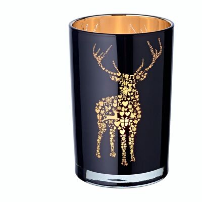 Lantern Fancy (height 18 cm, ø 12 cm), black on the outside/gold on the inside with a deer motif