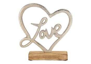 Support d'amour coeur en métal sur une base en bois de manguier argenté (L / H / P) 20x22x5cm