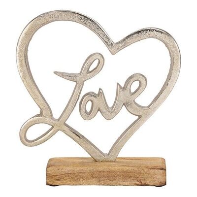 Support d'amour coeur en métal sur une base en bois de manguier argenté (L / H / P) 20x22x5cm