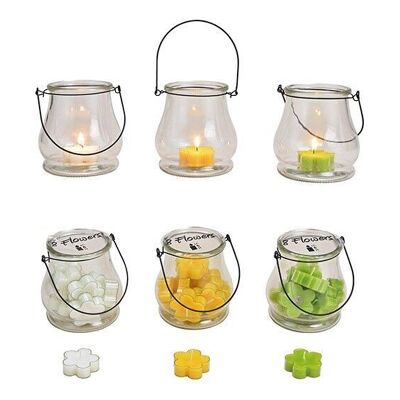Farol con 8 velas de té en forma de flor blanco, amarillo, verde 5x1,8x5cm de cristal transparente 3 compartimentos (An / Al / Pr) 12x13x12cm
