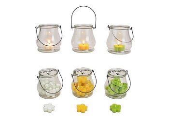 Lanterne avec 8 bougies chauffe-plat en forme de fleur blanc, jaune, vert 5x1.8x5cm en verre transparent 3 compartiments (L / H / P) 12x13x12cm