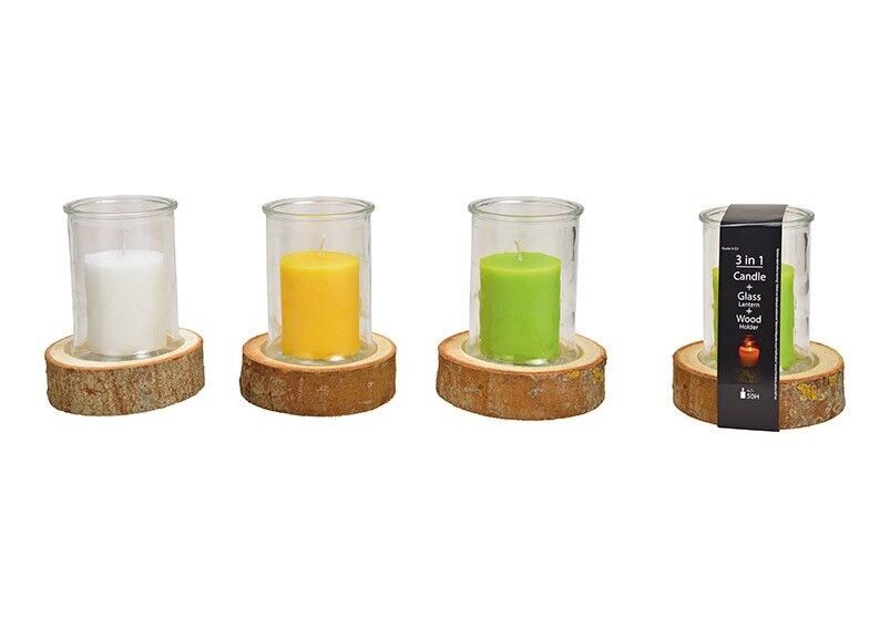 Lantern with citronella candle white, yellow, green 6.8x8cm on a wooden base made of transparent glass 3-compartment (W / H / D) 13x17x13cm, indoor and outdoor