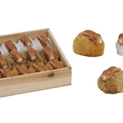 Clay / faux fur rabbits in a wooden box, W5 x D3 x H4 cm