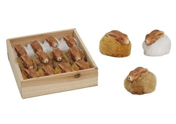 Lapins en terre cuite / fausse fourrure dans une boîte en bois, L5 x P3 x H4 cm