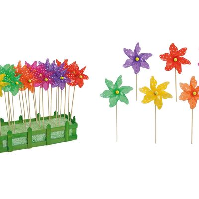 Moulin à vent à épingles à fleurs, en plastique / bois, 6 assortis, 25 cm