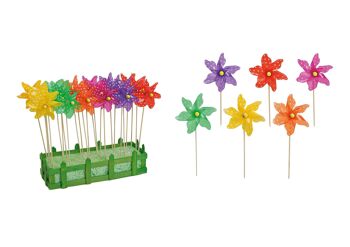 Moulin à vent à épingles à fleurs, en plastique / bois, 6 assortis, 25 cm