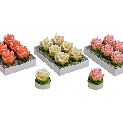 Rose tealight set, 6 pieces, 3 assorted, red, yellow, pink, W5 x D4 cm