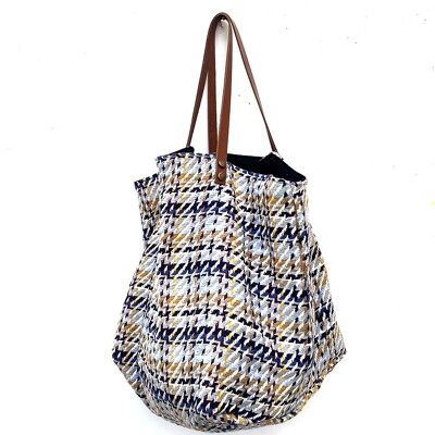 Striped denim tote bag with plain blue interior