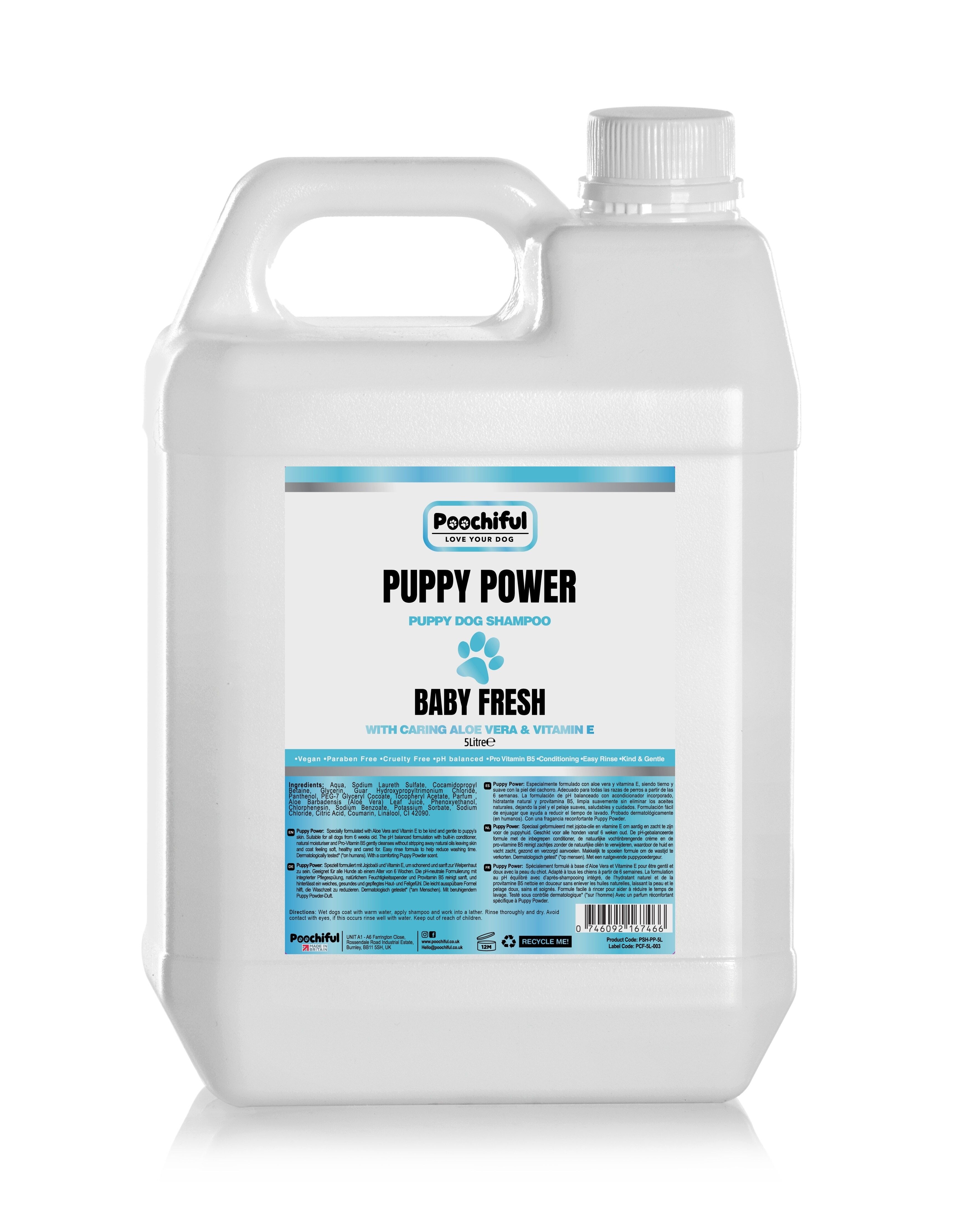 Poochiful Puppy Power - Shampoo für empfindliche Haut von Welpen und Hunden, 5 Liter