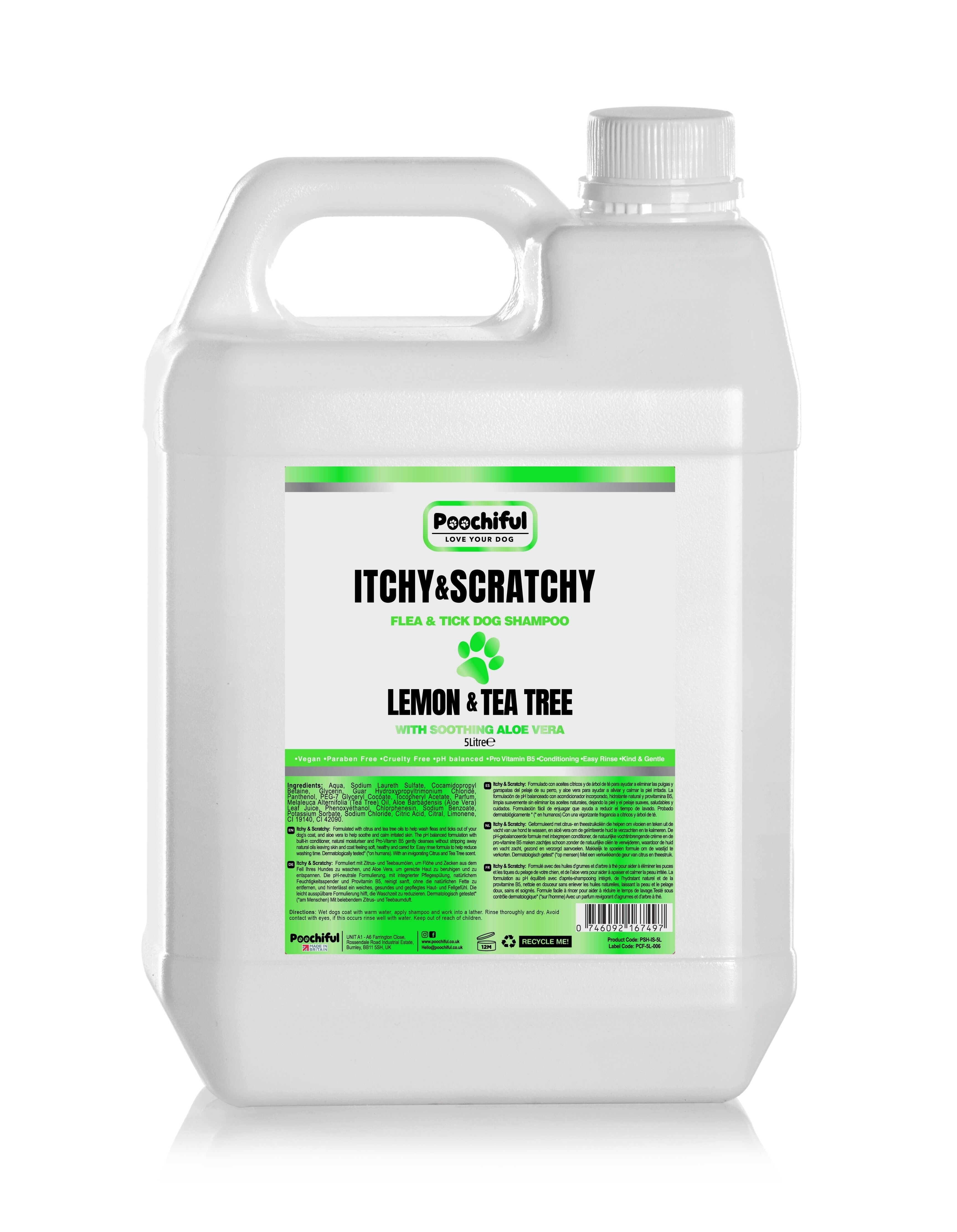 Poochiful Itchy & Scratchy - Floh- und Zeckenshampoo für Hunde, 5 Liter