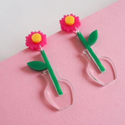 Acrylic pink daisy dangle earring