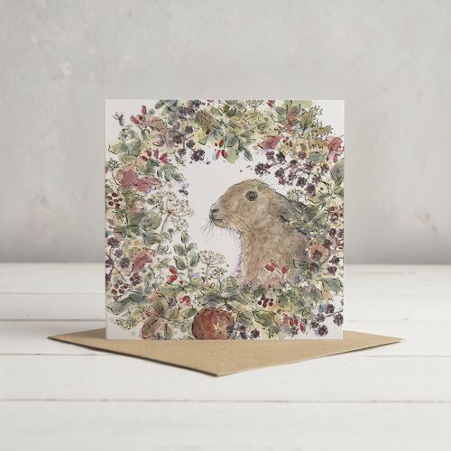 Autumn Hare Wreath (cropped) Greetings Card