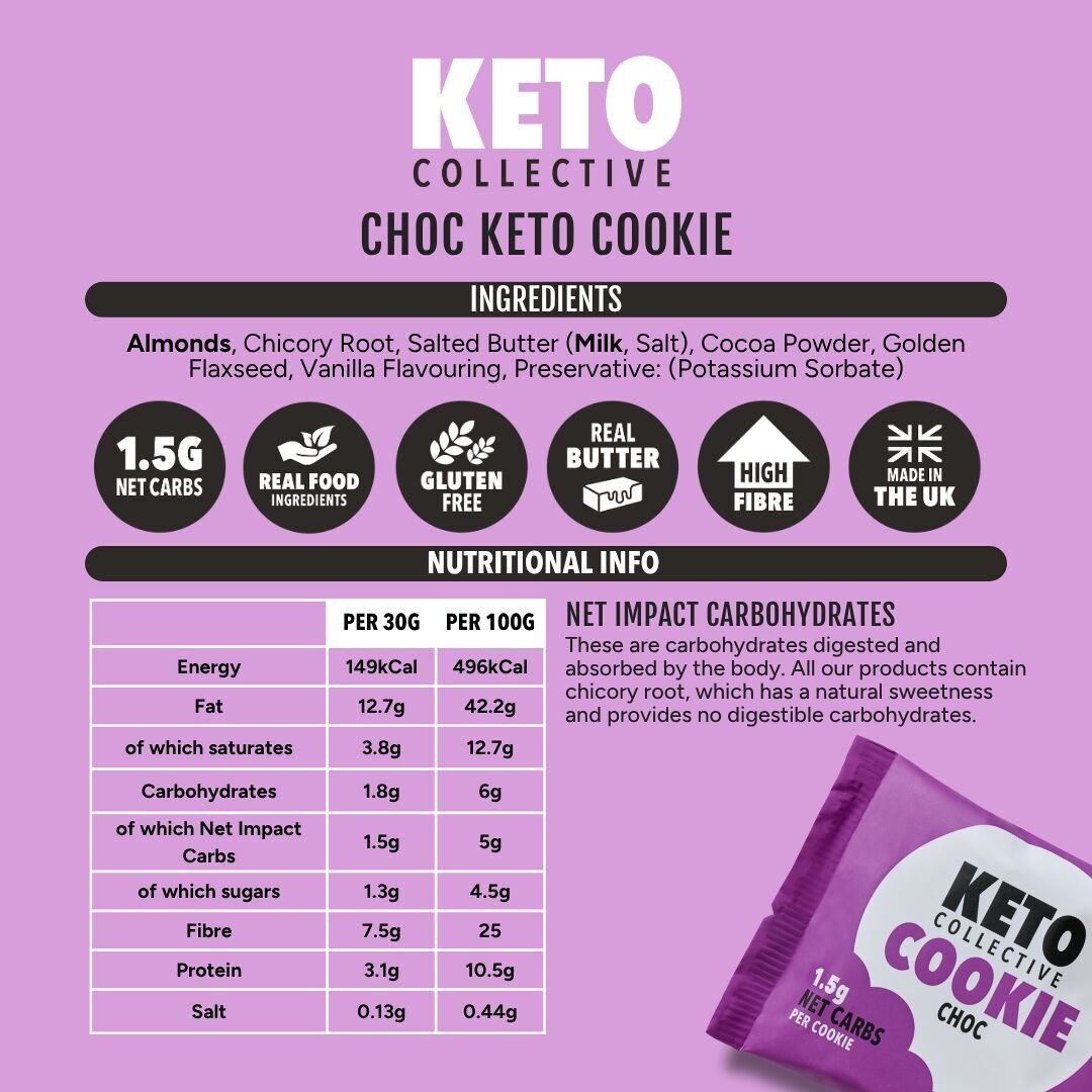 KETO COOKIES - CHOC 1.5g NET CARBS - 12 x 30g COOKIES