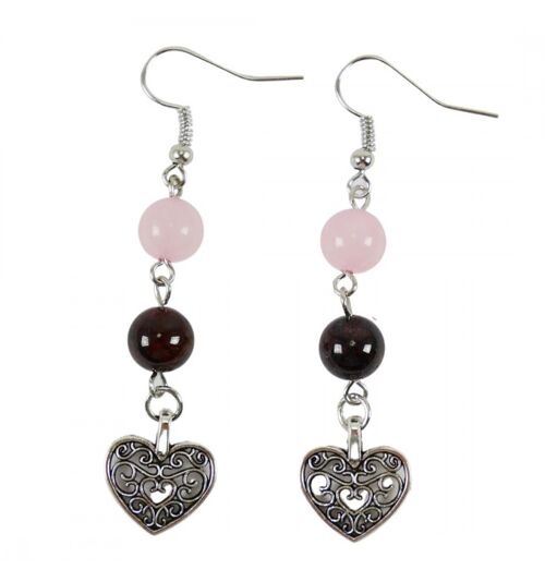 Boucles d'oreilles grenat, quartz rose et coeur