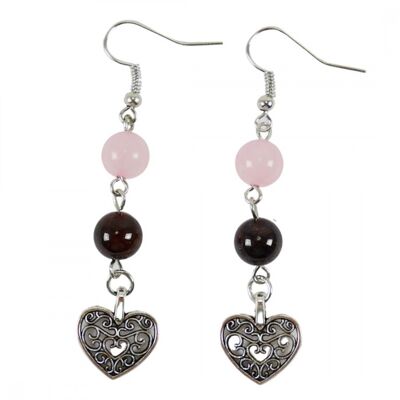 Boucles d'oreilles grenat, quartz rose et coeur