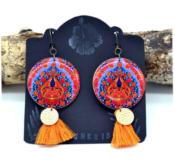 Boucles d'oreilles indienne bijou ethnique coloré motifs indien rajasthan paisley orange bleu or 1