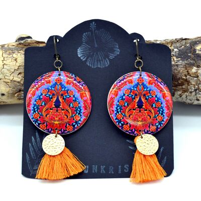 Boucles d'oreilles indienne bijou ethnique coloré motifs indien rajasthan paisley orange bleu or