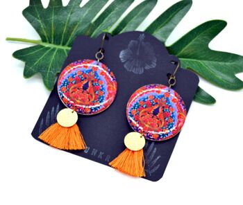 Boucles d'oreilles indienne bijou ethnique coloré motifs indien rajasthan paisley orange bleu or 2