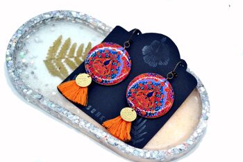 Boucles d'oreilles indienne bijou ethnique coloré motifs indien rajasthan paisley orange bleu or 3