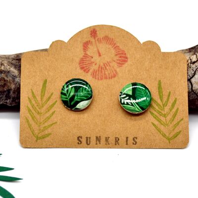 Stud earrings in wood and resin paper emerald green tropical foliage plant
