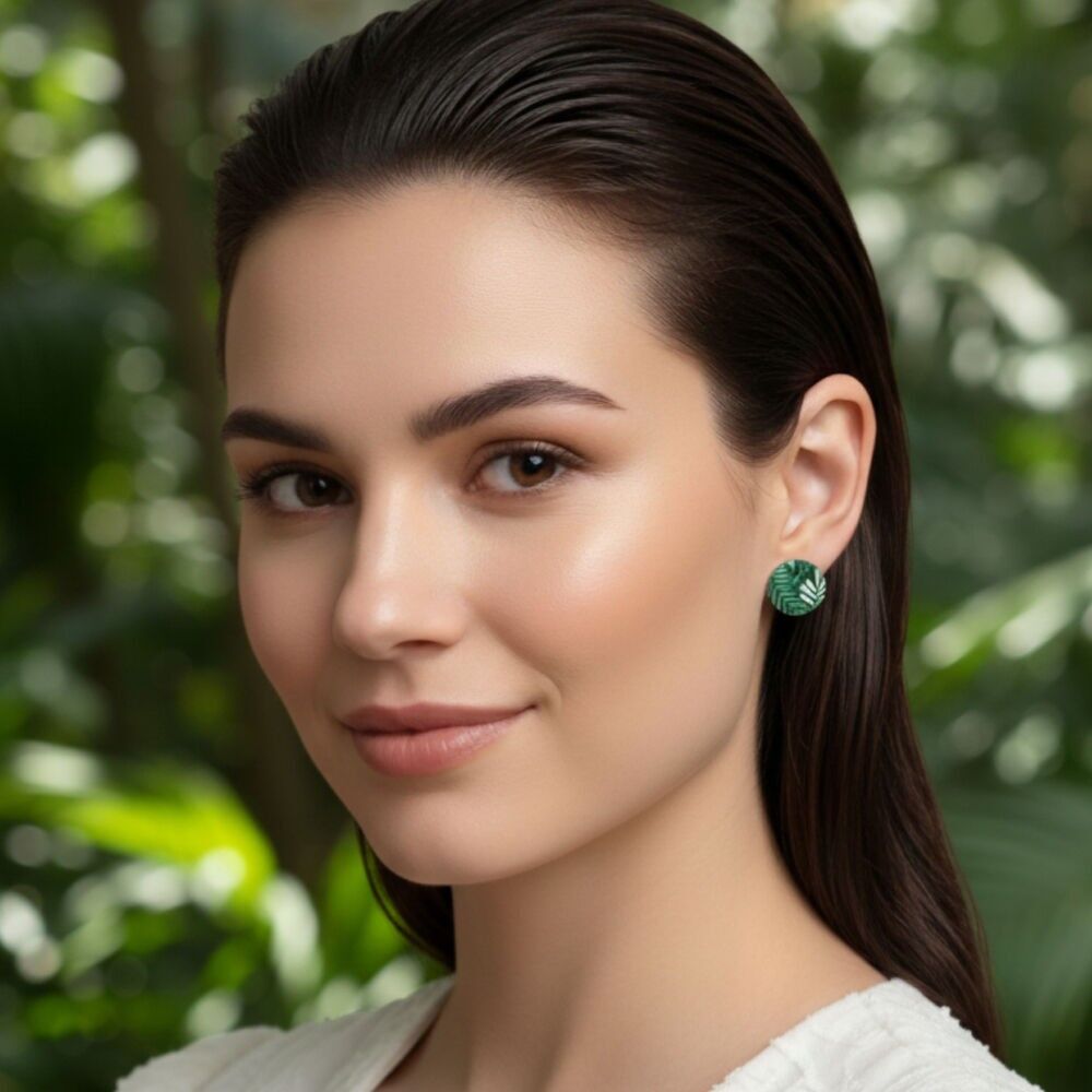 Pendientes de botón en madera y papel resina planta de follaje tropical verde esmeralda