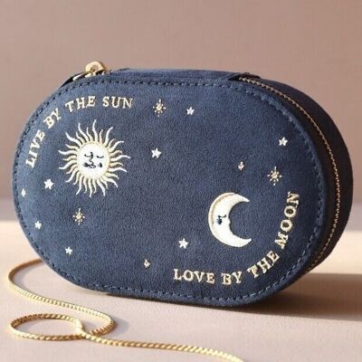 Sun and Moon Embroidered Oval Jewellery Case in Navy