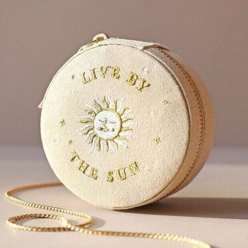 Sun and Moon Embroidered Round Jewellery Case in Beige