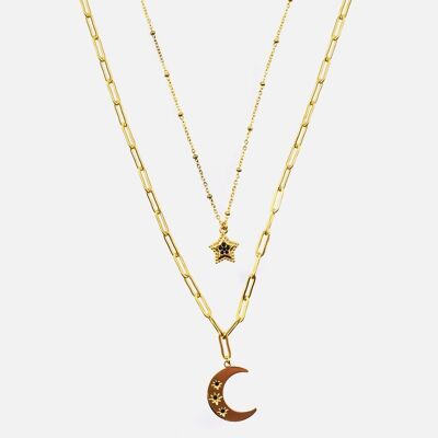 Colliers - Collier Acier Inoxydable Double Chaine Etoile et Croissant de Lune Strass 46 +40 Cm - 16853