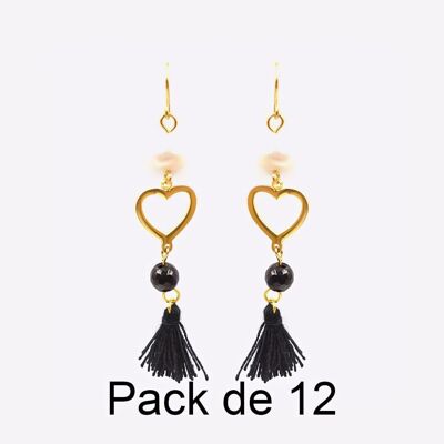 Colliers - Pack De 12 Boucles D Oreilles en Acier Inoxydable Coeur Pompon Noir - 17702