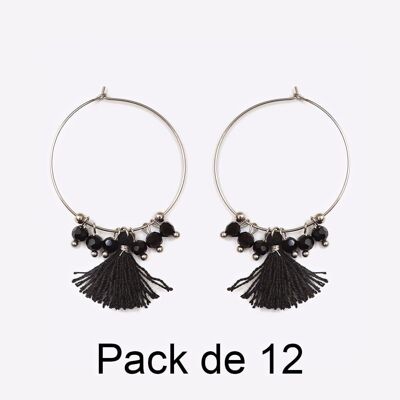 Colliers - Pack De 12 Boucles D Oreilles en Acier Inoxydable Cercle Perle Et Pompon Noir - 17708