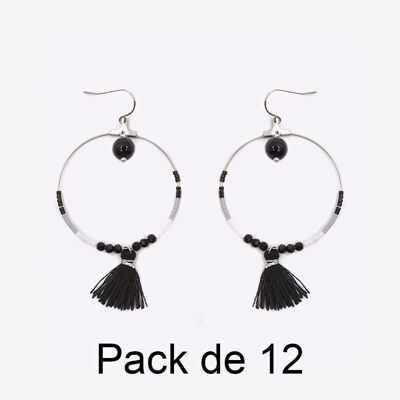 Colliers - Pack De 12 Boucles D Oreilles en Acier Inoxydable Cercle Perle Noir Et Blanche Pompon - 17709
