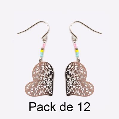 Colliers - Pack De 12 Boucles D Oreilles en Acier Inoxydable Coeur Filigrane Et Perles - 17712