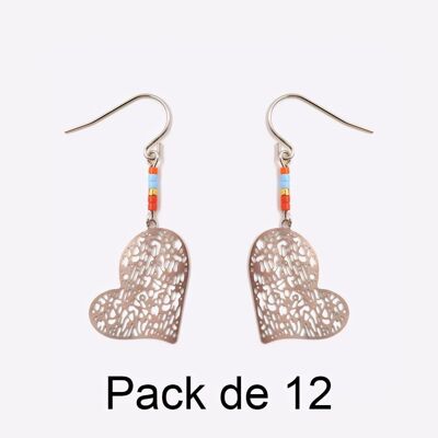 Colliers - Pack De 12 Boucles D Oreilles en Acier Inoxydable Coeur Filigrane Et Perles - 17713