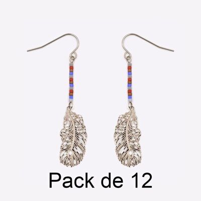 Colliers - Pack De 12 Boucles D Oreilles en Acier Inoxydable Perles Et Plume Argenté - 17716