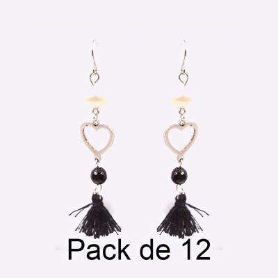 Colliers - Pack De 12 Boucles D Oreilles en Acier Inoxydable Perle Coeur Et Pompon Noir - 17717
