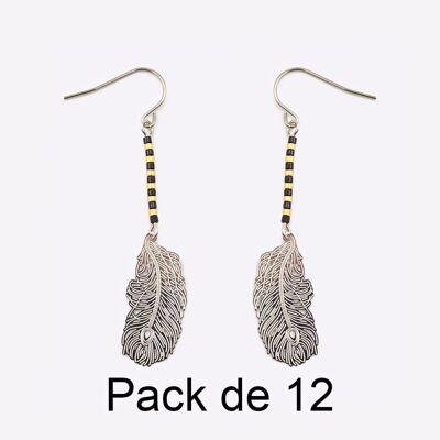 Colliers - Pack De 12 Boucles D Oreilles en Acier Inoxydable Perles Et Plume Argenté - 17722