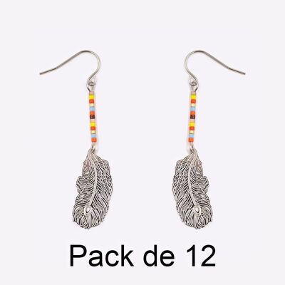 Colliers - Pack De 12 Boucles D Oreilles en Acier Inoxydable Perles Et Plume Argenté - 17725