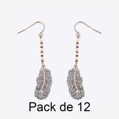 Colliers - Pack De 12 Boucles D Oreilles en Acier Inoxydable Perles Et Plume Argenté - 17728