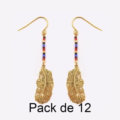 Colliers - Pack De 12 Boucles D Oreilles en Acier Inoxydable Perles Et Plume Doré - 17732