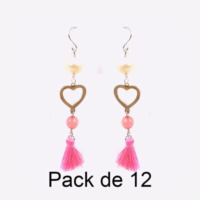 Colliers - Pack De 12 Boucles D Oreilles en Acier Inoxydable Perle Coeur Et Pompon Rose - 17733