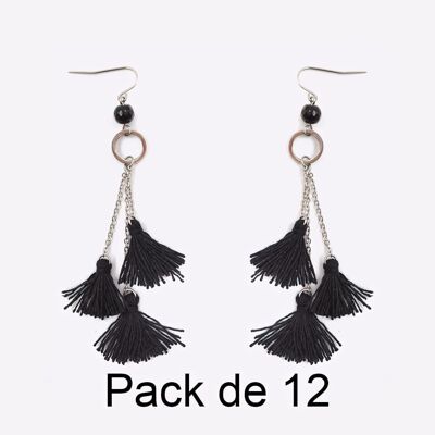 Colliers - Pack De 12 Boucles D Oreilles en Acier Inoxydable Triple Pompon Noir - 17759