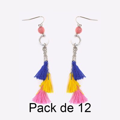 Colliers - Pack De 12 Boucles D Oreilles en Acier Inoxydable Triple Pompon Bleu Jaune Rose - 17760