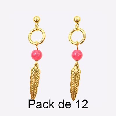 Colliers - Pack De 12 Boucles D Oreilles en Acier Inoxydable Perle Et Plume Doré - 17778