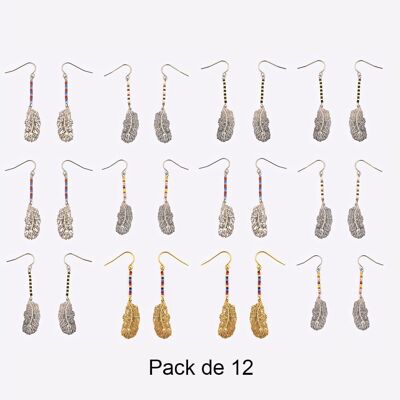 Colliers - Pack De 12 Boucles D Oreilles en Acier Inoxydable Chaine De Perles Et Plume Couleur Mélangés - 17784