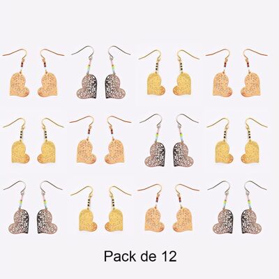 Colliers - Pack De 12 Boucles D Oreilles en Acier Inoxydable Perles Et Coeur Filigrane Couleurs Mélangés - 17794