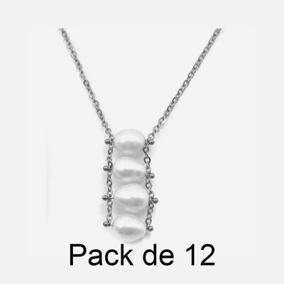 Colliers - Pack De 12 Colliers en Acier Inoxydable 4 Perles Blanches - 17823