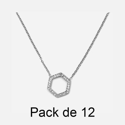 Colliers - Pack De 12 Colliers en Acier Inoxydable Hexagone Strass - 17842