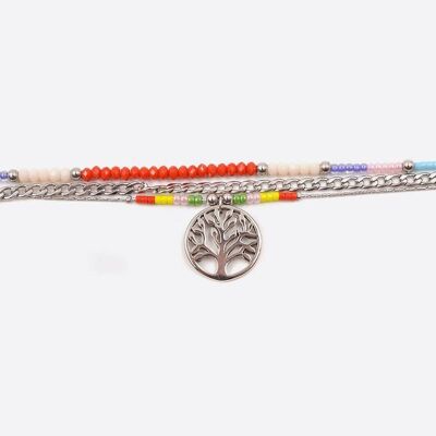 Bracelets - Bracelet Acier Inoxydable Triple Chaines Perles De Verre Et Arbre De Vie - 3228